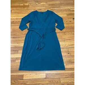 Ann Taylor Womens Dress Size XL Teal 3/4 Sleeve V-Neck Stretch Midi Belted